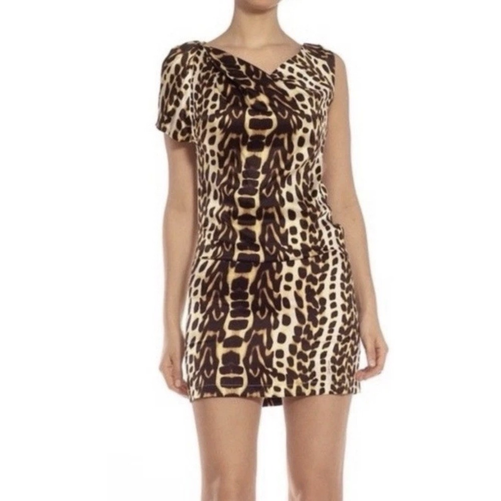 Just Cavalli Silk Leopard Print Asymmetrical Mini Dress Brown Tan Size 38/M READ